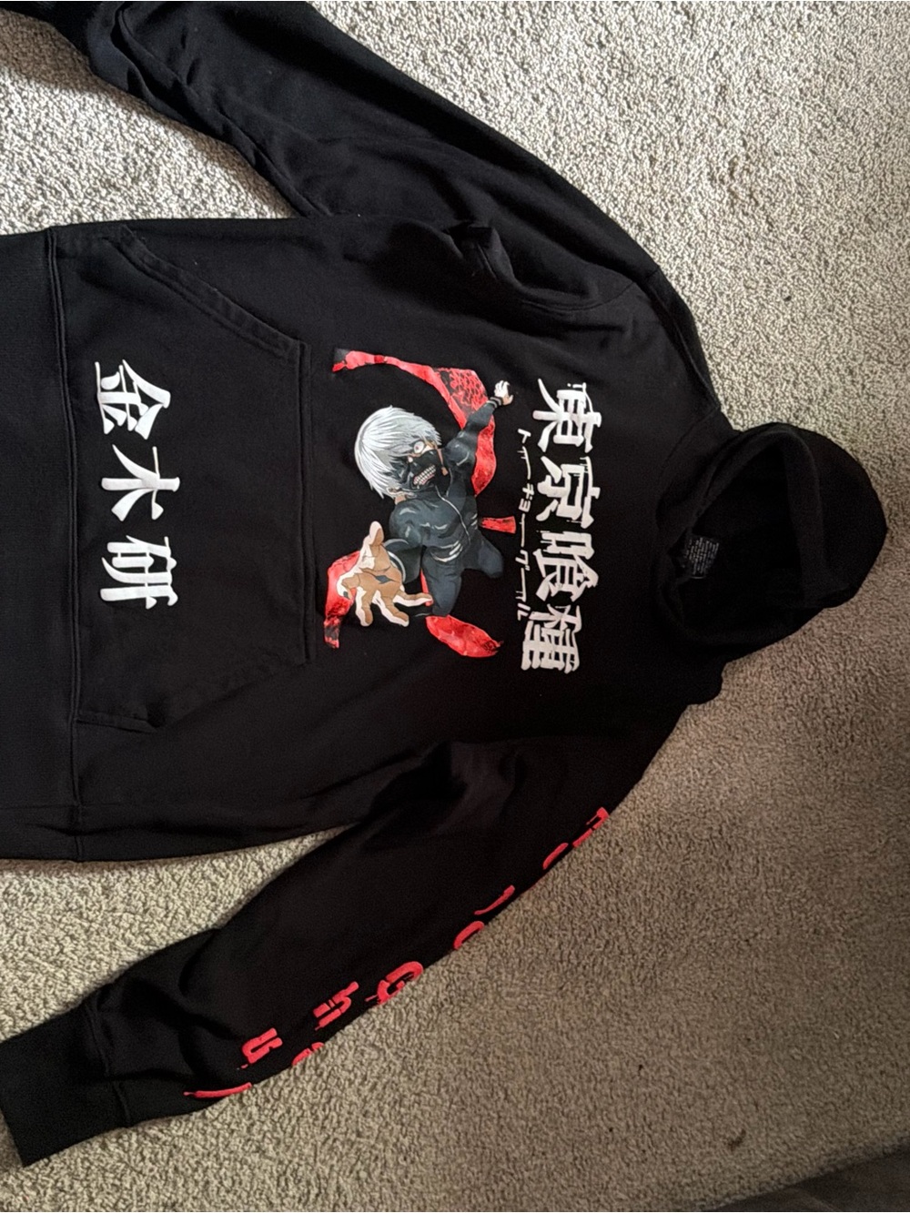 Black Anime Graphic Hoodie with Red Accents